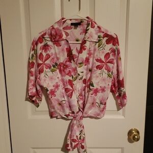 Pink and Green Tie Front Blouse with Notched Collar
